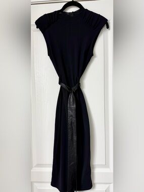 Vestique Black Sleeveless Midi Dress with Faux-Leather Tie